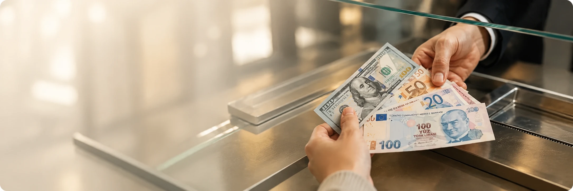 Döviz bürosunda dolar, euro ve Türk lirası ile işlem yapan müşteri